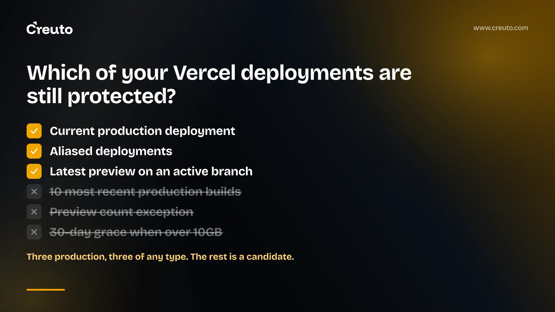 Vercel deployment retention: three kept, the rest deleted
