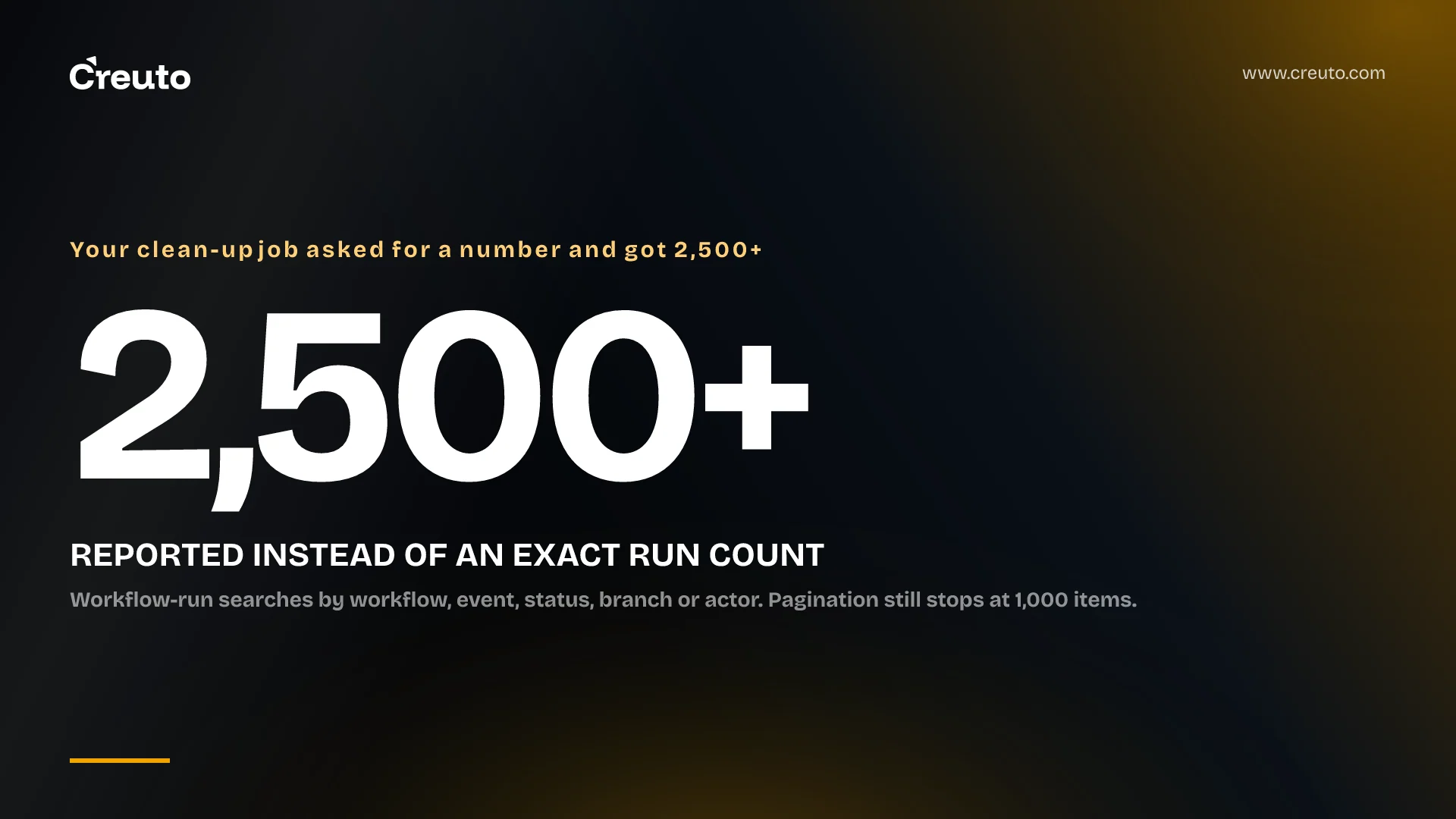 GitHub Actions API run count: 2,500+ replaces the total